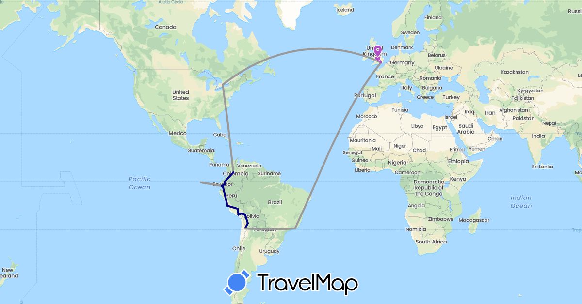 TravelMap itinerary: driving, plane, train in Bolivia, Brazil, Canada, Chile, Colombia, Ecuador, United Kingdom, Peru (Europe, North America, South America)